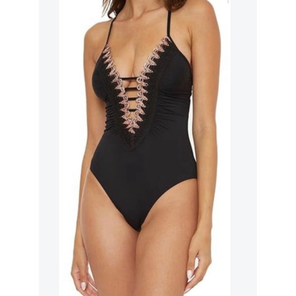 BECCA Layla Plunging Crochet Trim Tie Back One Piece Swimsuit Black 201047 Small
